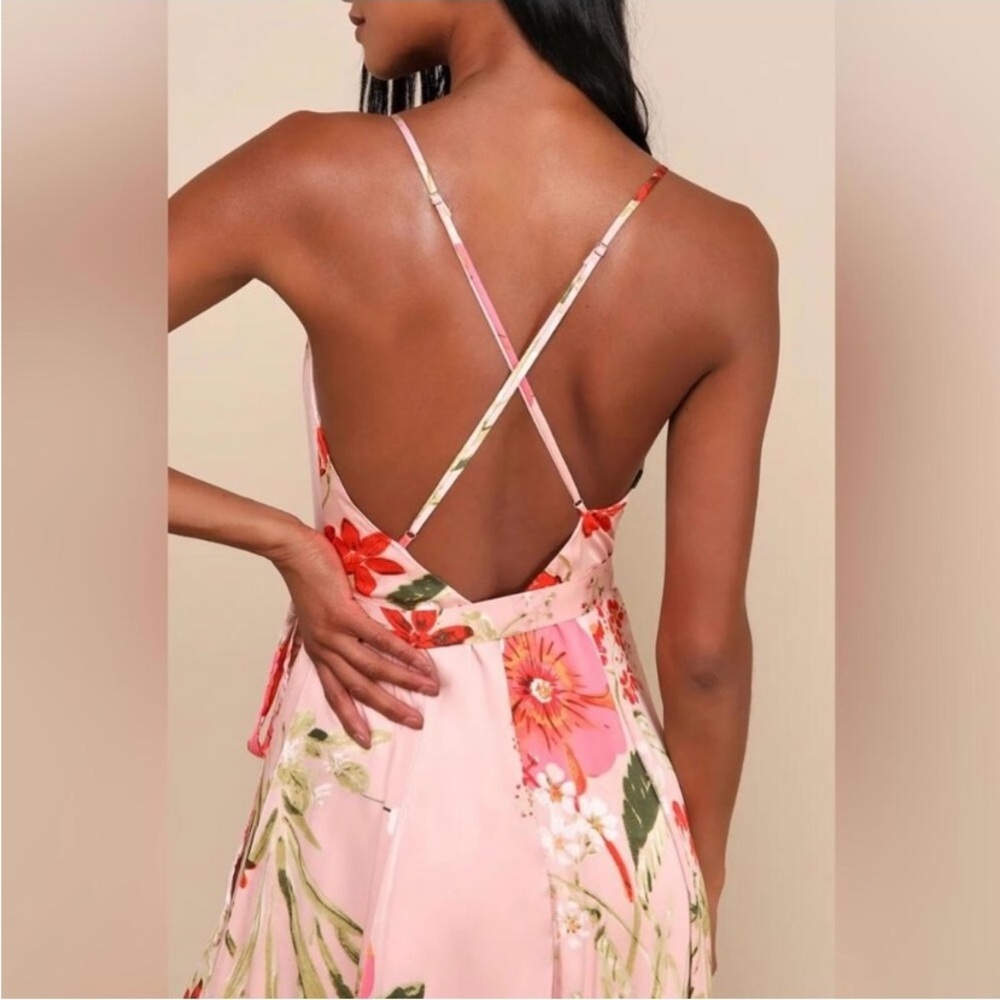 NWT Lulus Still the One Blush Pink Floral Print Satin Maxi Dress Size Large